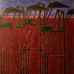 The silhouettes of oil derricks crane over a landscape. The landscape is 4/5ths red from the bottom up, the top 5th is a thin line of pink meeting the red and purple and black making a night sky.
