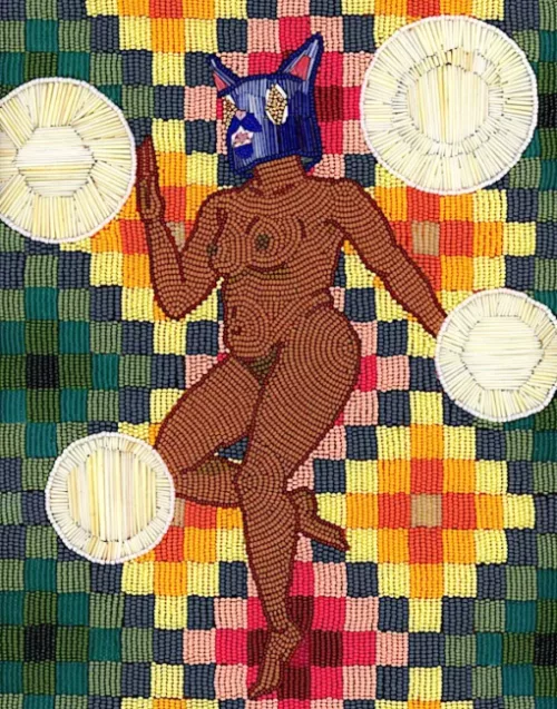 A dark skinned naked female body with a mask of a cat stands on one leg with and hand up palm out. The background have a geometric floral design of orange, red, yellow, dark blue, pink, and greens. There are porcupine quill circles at the edges of the figure.