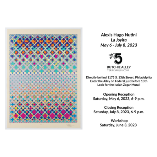 A print by artist Alexis Hugo Nutini, beside it is the information on the show and venue. The print is a geometric multicolored rectangle composed of diamonds of magenta, yellow, blues, and orange.