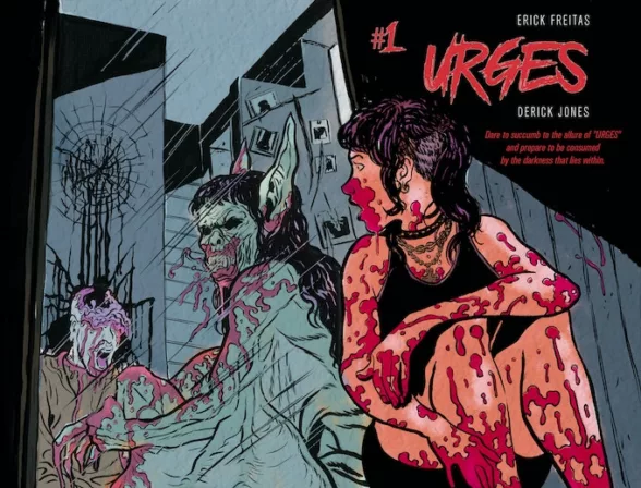 Wrap around cover for Derick Jones' new comic Urges. It shows a girl covered in blood looking into a mirror somewhat shocked. In the mirror in the form of a human bat she looks back. Behind her bat self is a man with an exposed brain, presumably the bat has found its meal here.
