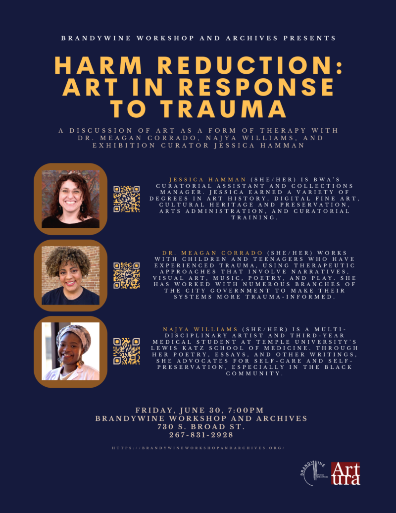 A dark blue poster with gold letters at the top and three images of three women on the left with their biographies in white writing on the right, announces a harm reduction panel at Brandywine Workshop and Archives, Friday, June 30, 2023