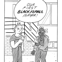 A one-panel, black-and-white comic, titled “3:00” at the top, (meaning three o’clock in the afternoon, or, school’s out) shows two women, one black and one white, on a trash-strewn urban street, and they are talking about the first Black female mayor of Philadelphia, a reference to the recent Philadelphia Mayoral Primary in which Cherelle Parker won the Democratic contest.