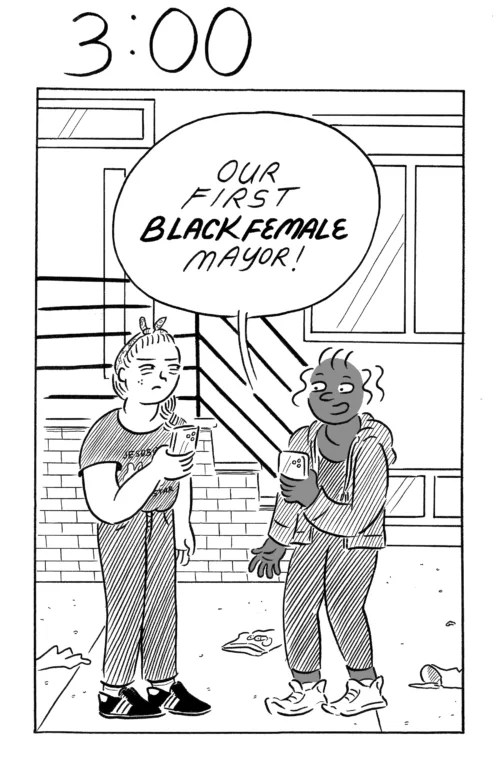 A one-panel, black-and-white comic, titled “3:00” at the top, (meaning three o’clock in the afternoon, or, school’s out) shows two women, one black and one white, on a trash-strewn urban street, and they are talking about the first Black female mayor of Philadelphia, a reference to the recent Philadelphia Mayoral Primary in which Cherelle Parker won the Democratic contest.