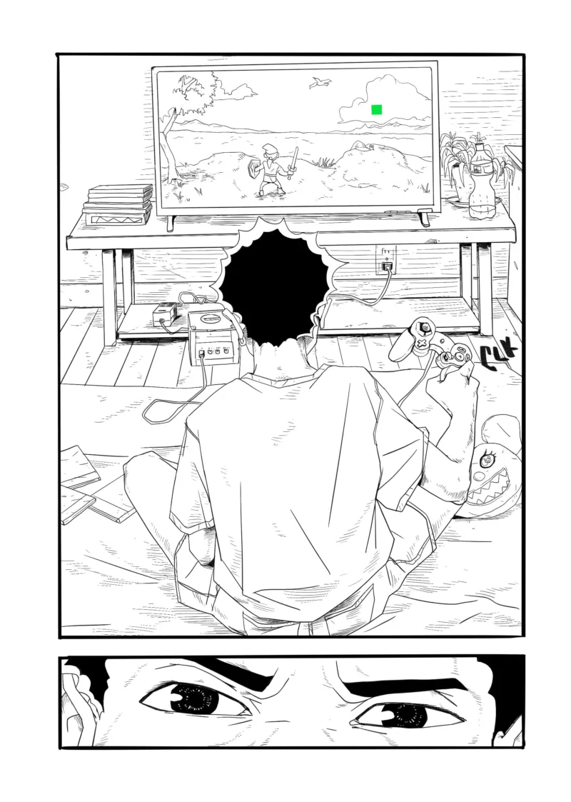 A black and white comic, called “Dead Pixel,” shows a Manga-influenced story with a green monster that represents the dead pixel that can appear on a computer screen.