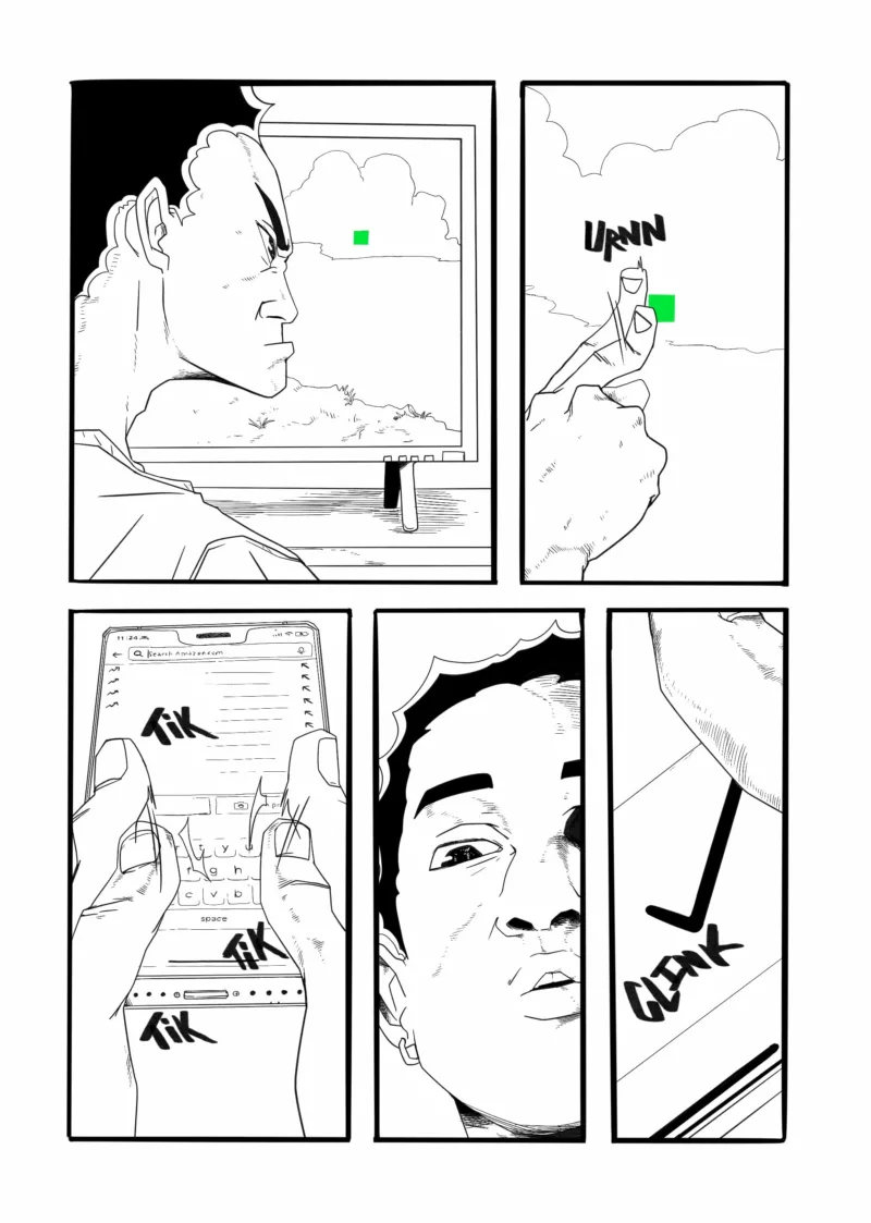 A black and white comic, called “Dead Pixel,” shows a Manga-influenced story with a green monster that represents the dead pixel that can appear on a computer screen.