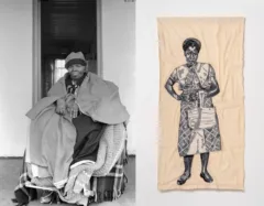 By Sue Williamson a black and white image of a South African woman covered in blankets sits in a chair covered by the blankets and the woman's form. She wears a hat and a dark cloth, her hands and feet peek out from beneath her coverings. On the right by Lebohang Kganye is an ivory canvas sheet with a South African woman much younger than the one to the right. She is wearing a dress with crisscrossing patterns creating diamonds. She is rendered in textiles in black and white. She poses with her right hand on her hip and a bag in her left hand.