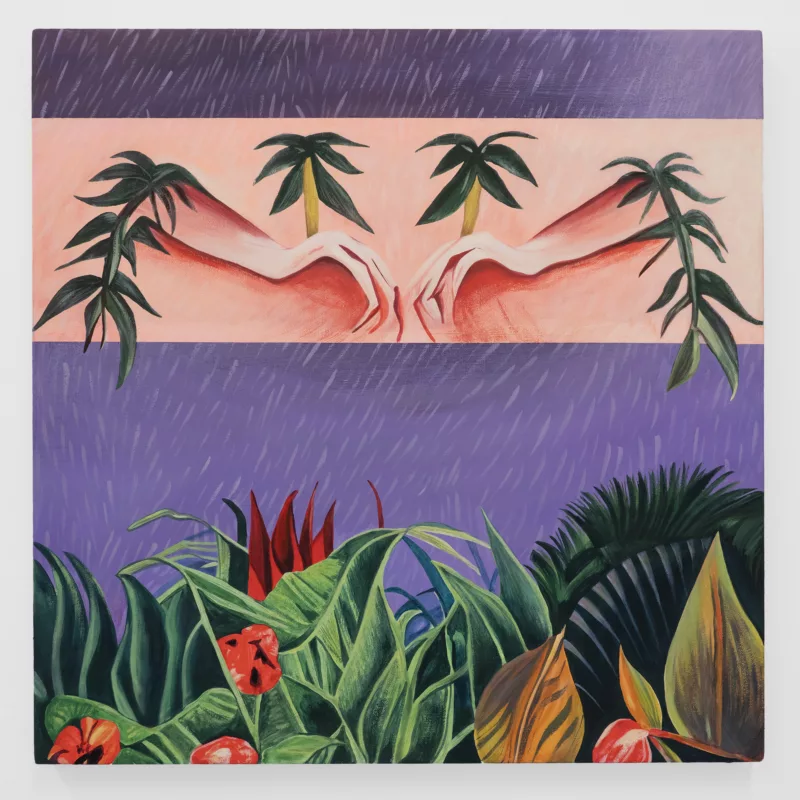 Fluttering by Libby Rosa is a painting with a purple background with rain spilling across. The bottom of the canvas shows a spread of wild rain forest flora. Along the top portion of the canvas runs a Caucasian fleshy colored band with two hands meeting at the center and plants bordering the ends of the arms.