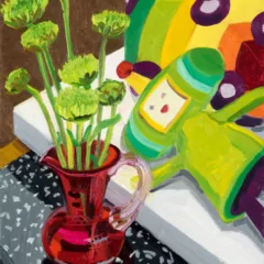 A painting by Lauren Whearty of a red pitcher with green dandelion like flowers on a canvas note book. Beside it diagonally a white book with the Namco character Katamari. it's green yellow and red with a big ball behind it of green, yellow, orange, and red with black rounded dots.