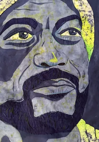 A dark blue, grey, and neon yellow portrait of William Palmer a man who was or is incarcerated. He has a wide nose, illuminated eyes, a beard, and nice lips. He looks off into the right side of the composition.
