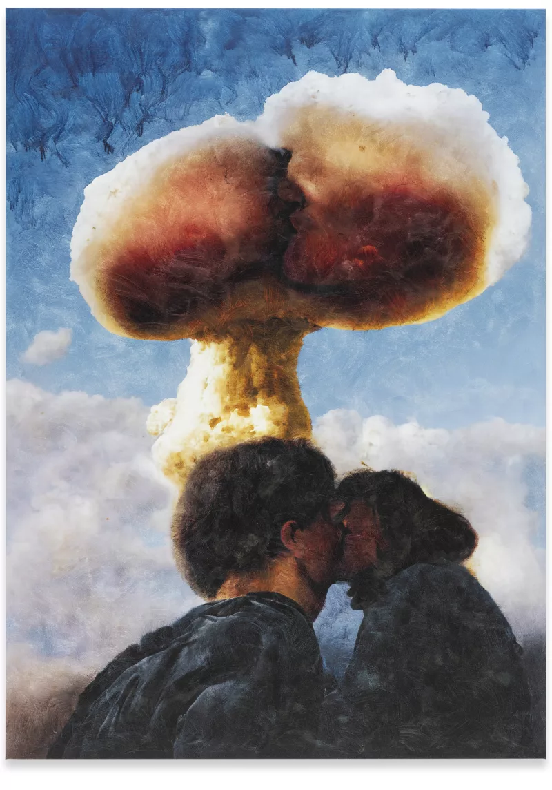 AI Generated image of a couple kissing in front of a nuclear mushroom cloud.