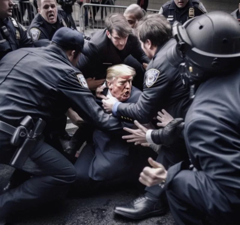An AI generated image of previous U.S. President Donald Trump being arrested by police and swat.