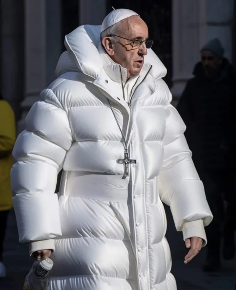 AI Generated image of Pope Francis wearing a puffy oversized white Balenciaga puffer jacket with ostentatious Jesus chain and glasses.