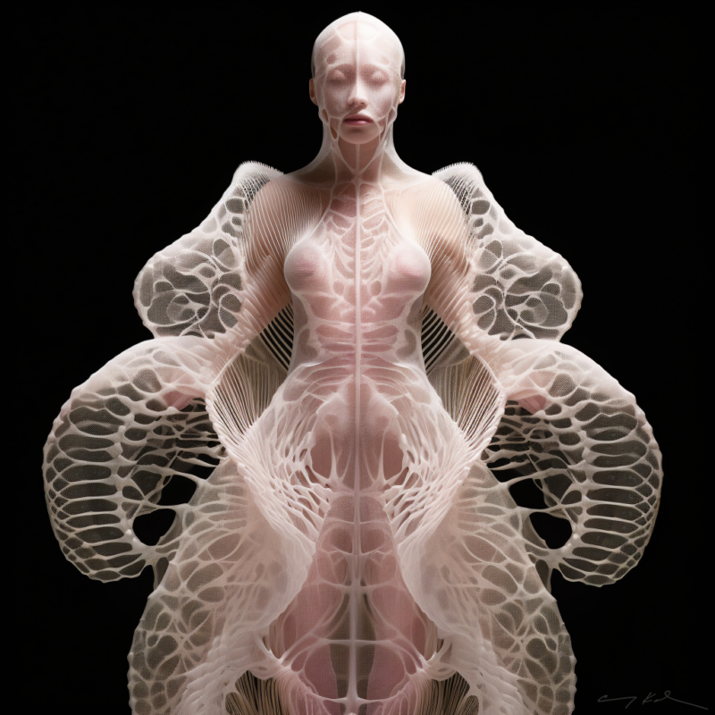 AI generated and artist led construction of a naturally inspired and futuristic garment. It resembles an orchid constructed of tiny white bridges.