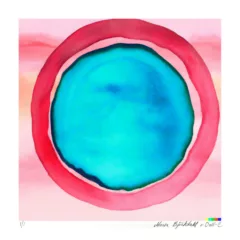 Ai generated abstract water color showing a light cyan blue circle with dark blue fringing the edges, surrounded by a sea of salmon pink and a ring of magenta.