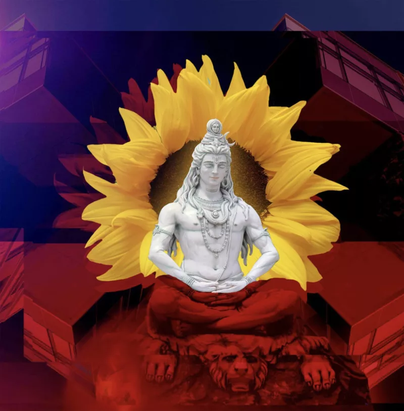 Image of a statue of Buddha sitting in lotus position with a sunflower open behind. The bottom half of the picture is red while the top half is purple over the red.