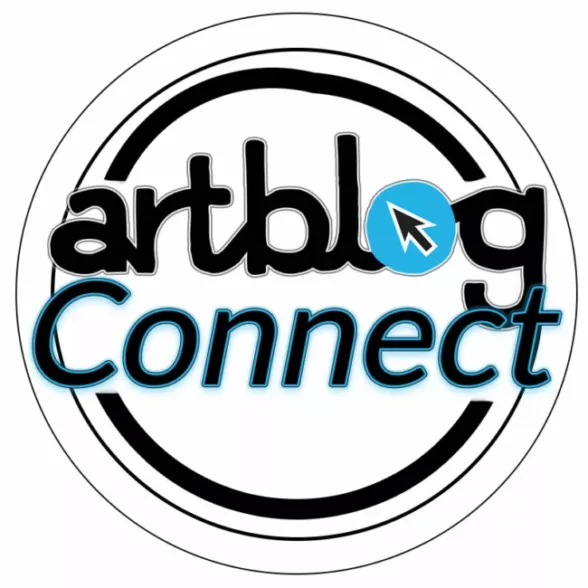 A logo shows bold black and blue letters surrounded by radiating circular lines. The words say artblog Connect