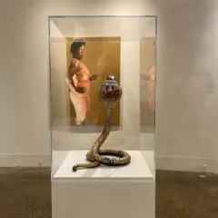 A gallery in Woodmere Art Museum shows two works, a painting of a Black woman in a pink dress, on a wall in the background and the rear of a 3D sculptural king cobra snake under glass on a pedestal.
