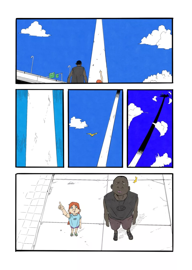 A black and white comic, called “Dead Pixel,” shows a Manga-influenced story with a green monster that represents the dead pixel that can appear on a computer screen. In this chapter the dead pixel wanders through a movie lot like setting changing it's shape to blend into the surroundings. A man is witness to some of this and a young girl cries over a lost balloon.