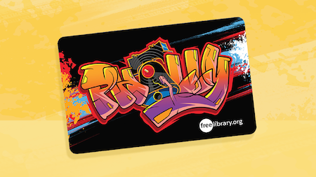 A celebratory 50th anniversary of hip hop library card. It shows the word Philly in a graffiti style with the liberty bell taking place of the I. The text is a gradient from purple to red to orange at the top.