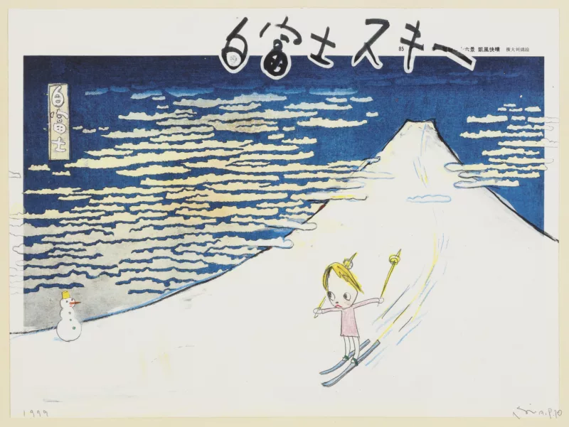 Yoshitomo Nara drawing showing a person skiing down a mountain similar to the woodblock print mountains made by Hokusai.