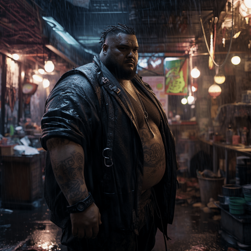 A fat man with tattoos and a leather jacket stands in the rain in a market-way street.