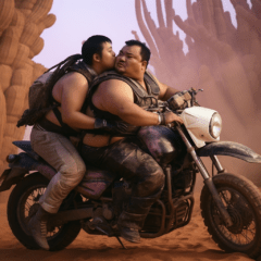 Two fat asian men sit on a motorbike in a sci-fi desert landscape. The one behind the other kisses the drivers cheek.