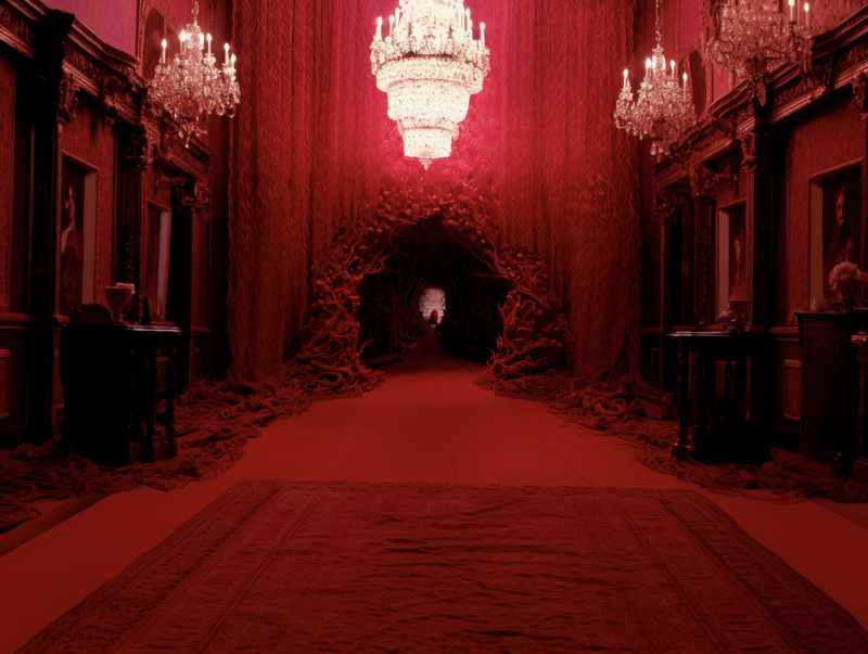 A Victorian room with grand crystal chandeliers and portraits along the wall. The entire place is a deep red with a tunnel receding into the back.