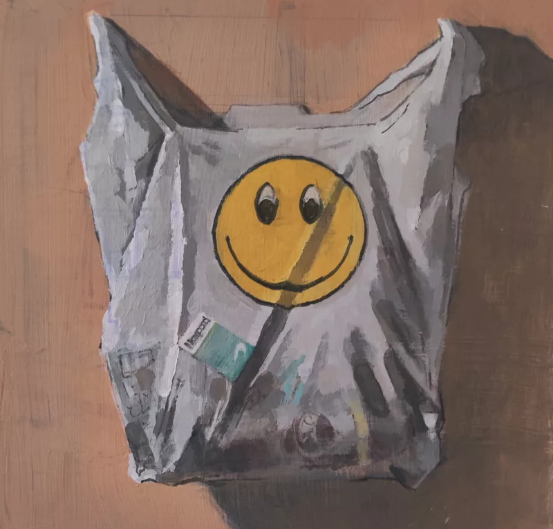 Painting of a convenience store bag with a yellow and black smiley face on a beige background. The contents of the bag push against the semi-translucent plastic to reveal a pack of Newport cigarettes and other undeterminable objects.