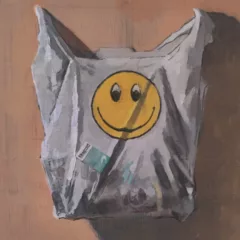 Painting of a convenience store bag with a yellow and black smiley face on a beige background. The contents of the bag push against the semi-translucent plastic to reveal a pack of Newport cigarettes and other undeterminable objects.