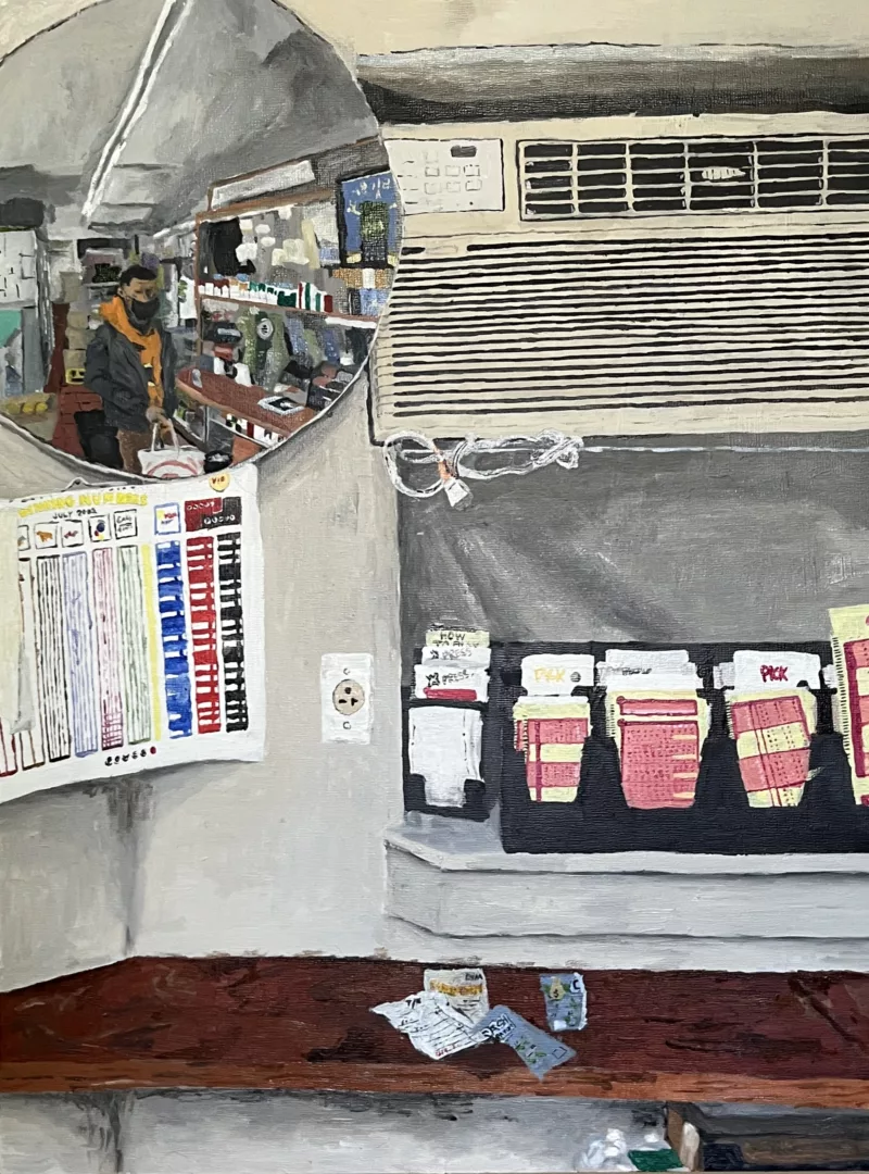 A painting by Nasir Young of a man in a black jacket and orange hoodie with a mask over their face standing at the checkout of a corner store. The man is shown through thr rounded mirror used for security in stores and the subway. Below is a shelf space for writing, and a series of cards and brochures in a display. Above the cards is a disconnected AC hanging out the top of the window.