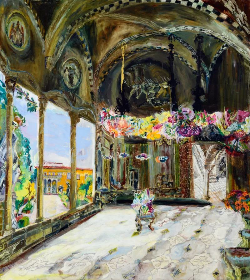 A painting by Jane Irish of an interior room or portico space with barrel vaulted ceiling and flowers adorning the space. The doorway recedes into another interior of columns and vaults. From the portico we can see a Roman villa like home.