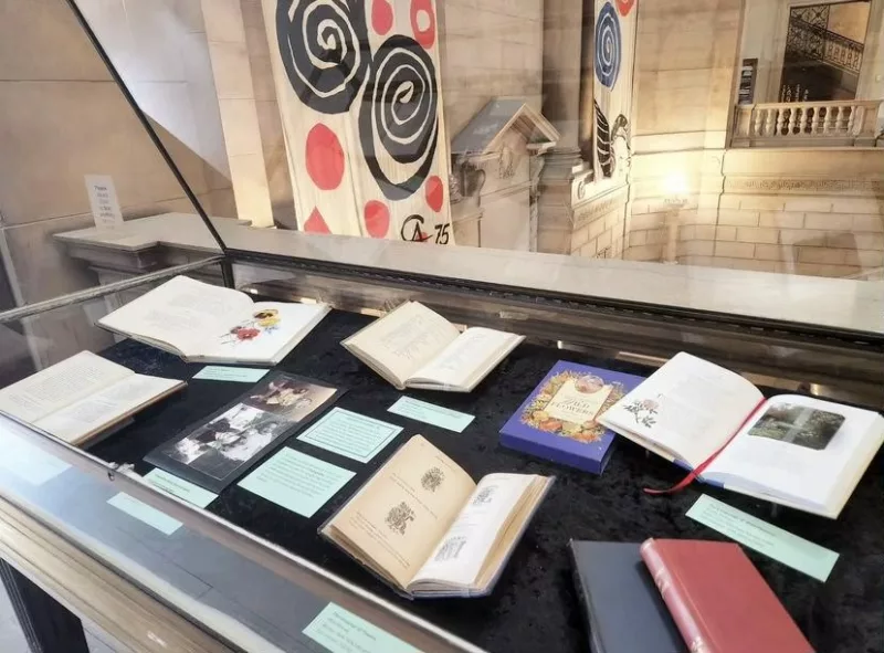 A display case in the Free Library of Philadelphia's grand entranceway that holds books and artwork by Anesu Nyamupingidza.