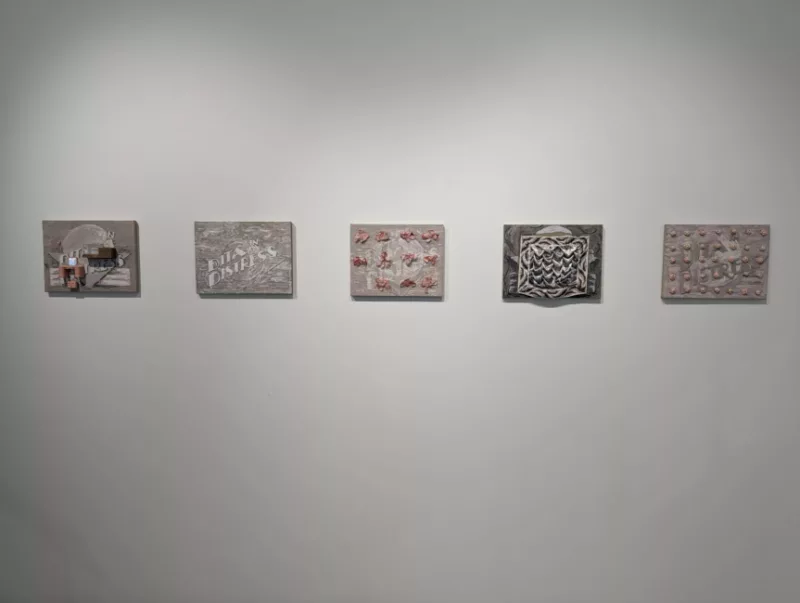 Soft neutral toned works by Matt Morris on small canvases. Materials of the works push out of the 2D space of the canvas.