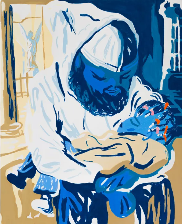 A painting by Branche Coverdale, depicting a man in a white hoodie and beanie with a beard holding a child in blue jeans and a beige jacket. The skin tones of both people are a deep blue. Both figures hold a solemn and calm face. The man lovingly holds the child. He sits in an area appearing to be a park with a church in it, as an angel looms.
