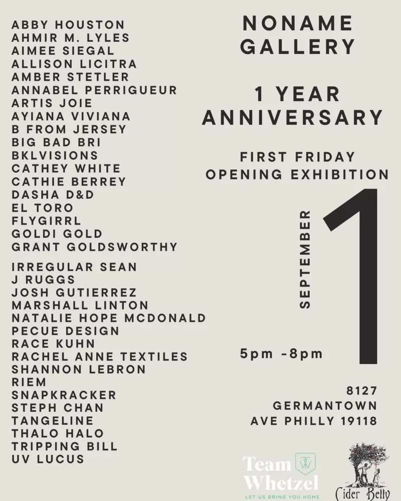 Grey poster advertising first fridays at noname gallery and the first year anniversary.