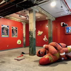 A gallery with rough wood beams showing in the ceiling and rough wood pillar in the middle of a cement floor has shiny tomato-red walls, with posters of wrestling on the walls and a flat screen tv showing a video of a wrestling match. On the floor are two large stuffed figures — all red — that are caught as if frozen in a wrestling moment in a match.