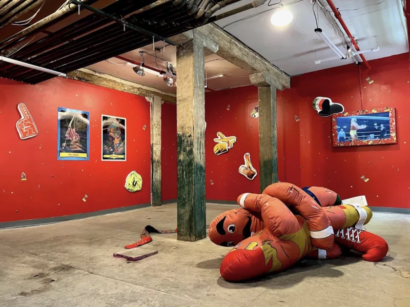 A gallery with rough wood beams showing in the ceiling and rough wood pillar in the middle of a cement floor has shiny tomato-red walls, with posters of wrestling on the walls and a flat screen tv showing a video of a wrestling match. On the floor are two large stuffed figures — all red — that are caught as if frozen in a wrestling moment in a match.