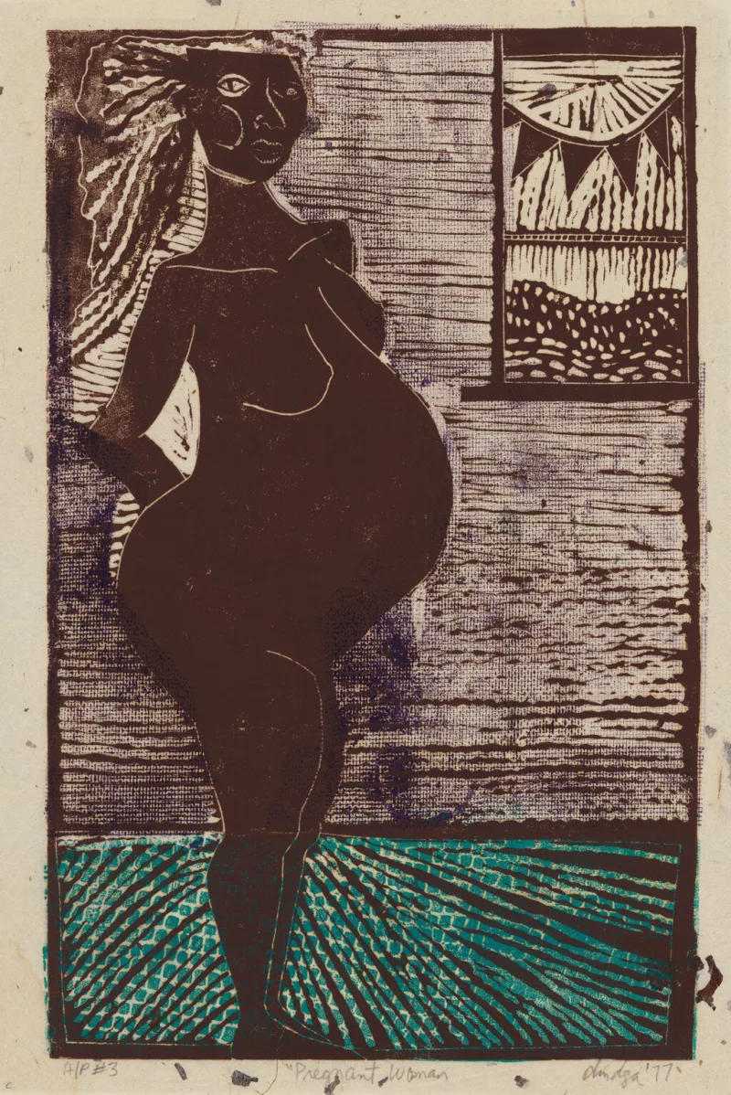 A print shows a nude pregnant Black woman inside a copy space with a blue floor and a bright-patterned African print on the wall. The woman looks at you and holds her space proudly.
