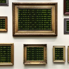 Mainframing: Picture frames hung on a wall in the salon style depicting binary code - Digital illustration by Dereck Stafford Mangus