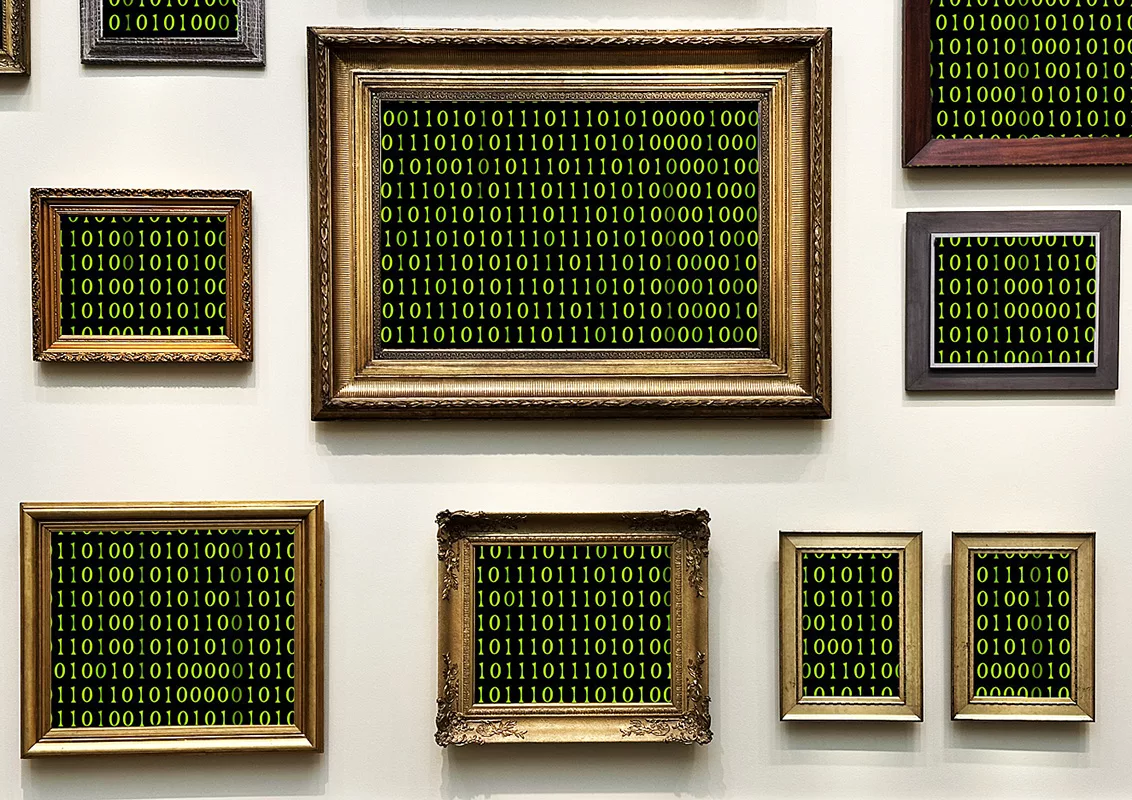 Mainframing: Picture frames hung on a wall in the salon style depicting binary code - Digital illustration by Dereck Stafford Mangus 