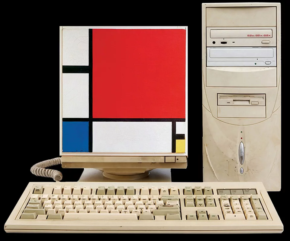 Perfect Form: A mashup of one of Mondrian's abstract paintings superimposed onto the screen of an old computer - Digital illustration by Dereck Stafford Mangus