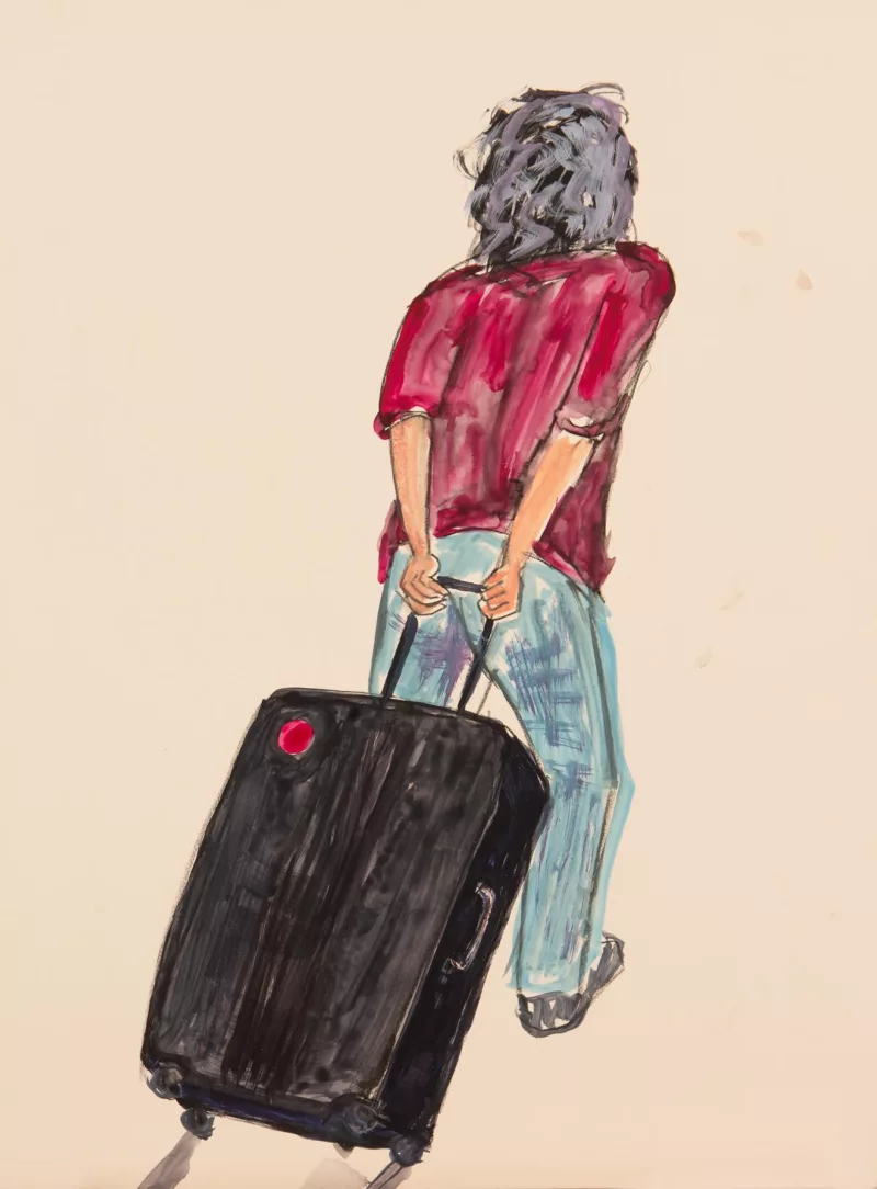 A colorful painting in a cartoon mode, shows a person from the rear who is pulling a heavy-looking black suitcase behind them, both hands on the handle and body bent forward with the effort of pulling the heavy case.