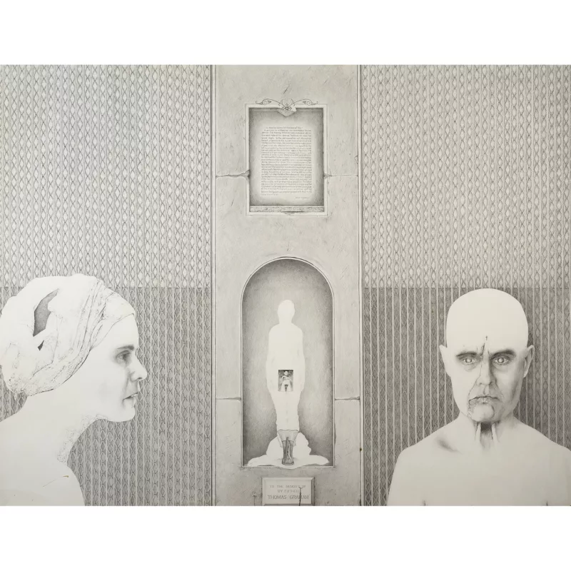 A graphite drawing on paper shows the face and shoulders of two women, one at the left who is wearing a turban and is young; one at the right, who is bald, and intense and fierce looking and much older. They are the same woman at different ages. The background shows an altar recessed in a wall. There is a silhouette of a ghostly figure with no markings just suggestion of arms and legs but with an inset highly drawn image of a person with their genitals showing. The inscription under the altar says “To the Memory of My Father, Thomas Graham. To the right and left are highly patterned walls that evoke security bars or chains or some kind of suffocating protective fencing. The image is intense and coded and surreal.