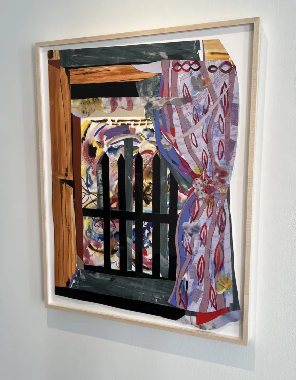 A framed work on paper shows a fancy purple curtain at the right, tied back to reveal a wood-framed window with heavy black security bars across it and in the outside, an abstract swirl of many colors and textures, lines and shapes floating as if in chaos. The homespun aspect of the window and curtain contrast with the threat of the outside, with bars to protect the inhabitants from the outside chaos.