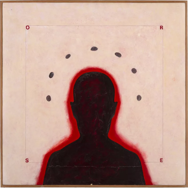 A dark black silhouette of a head and shoulders is the central image surrounded by a thick outline of dark red suggesting the figure is radiating heat. Above the head are seven bean-like small stones that seem to be circling the head. A thin line marks a square demarcated around the figure, with each corner of the square inhabited by one letter. All the letters together spell “SORE.” The image suggests a deep metaphysical injury.