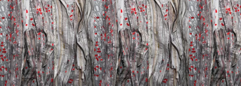 A close-up view of an accumulation of strips of fabric, grouped tightly together, all of them featuring grey and white striped patterns and dotted with bright red lozenges that suggest an infestation of disease.