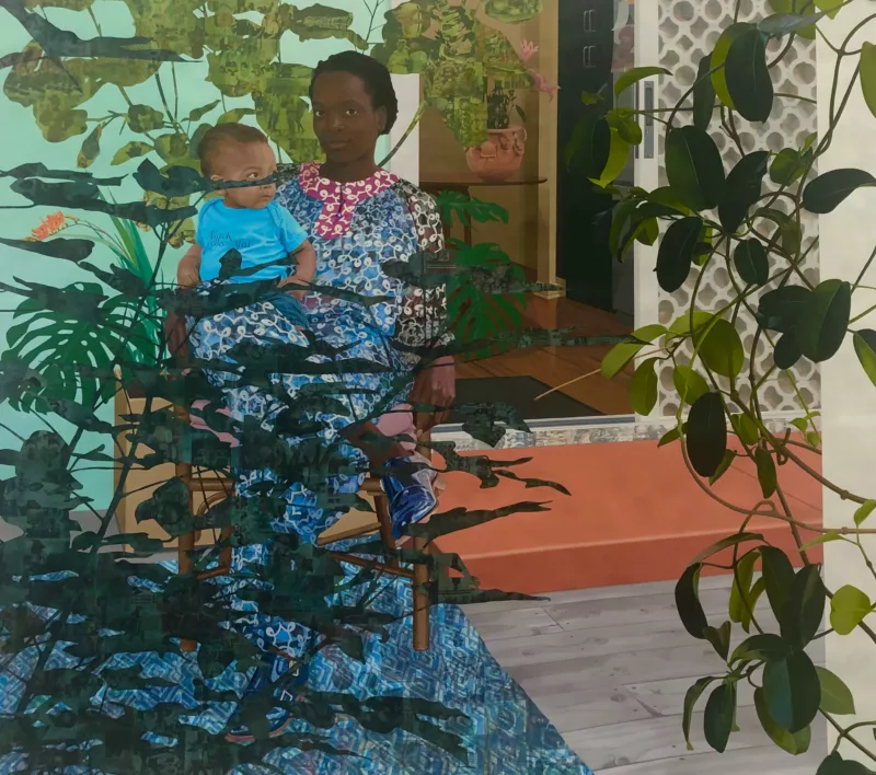 A colorful painting shows a Black woman in a multi-patterned dress holding a baby in her lap. She is smiling like the Mona Lisa and looking directly at you, and the baby looks out of the picture to the right. Both are seen through a dense scrim of vegetation, which seems protective.
