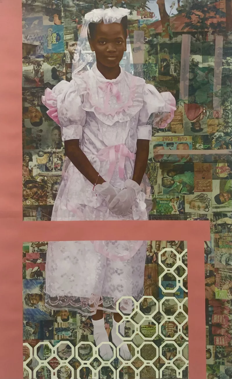 A painting shows a young black girl, in communion attire, with white dress accented with pink ribbons and lace, a white veil over her upswept hair, white gloves and white socks and shoes, standing in a complex imaginary landscape made of headshots of men and women collaged onto the background as if pushing out from behind her.