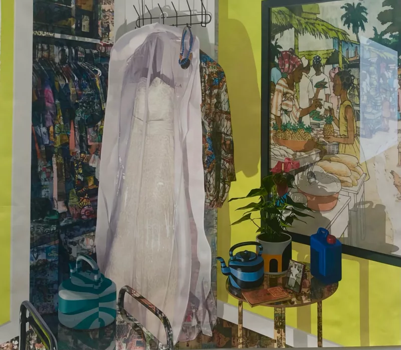 A painting shows a corner of a bedroom with a closet, whose door is open, with a white wedding dress hanging in a clothing bag and behind it and in the closet are dark-patterned shirts on hangers, presumably the groom’s clothes.
