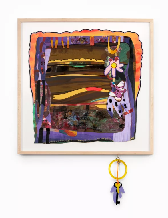A bright-colored paper collage shows a view in a window, framed by purple and orange designs. Seen through the window are horizontal stripes of chocolate brown and bright yellow. A key hangs from a cup hook below the work.